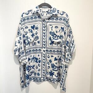 Corey Lynn Calter Oversized Shirt Dress Womens XS Blue Print Greek Eye Satin